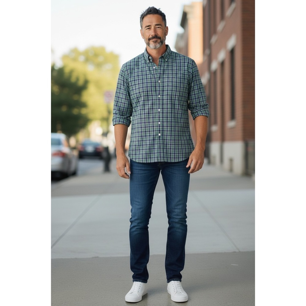 LL Bean Men Slightly Fitted Plaid Button Down Shirt Green Navy Blue L REG 287889